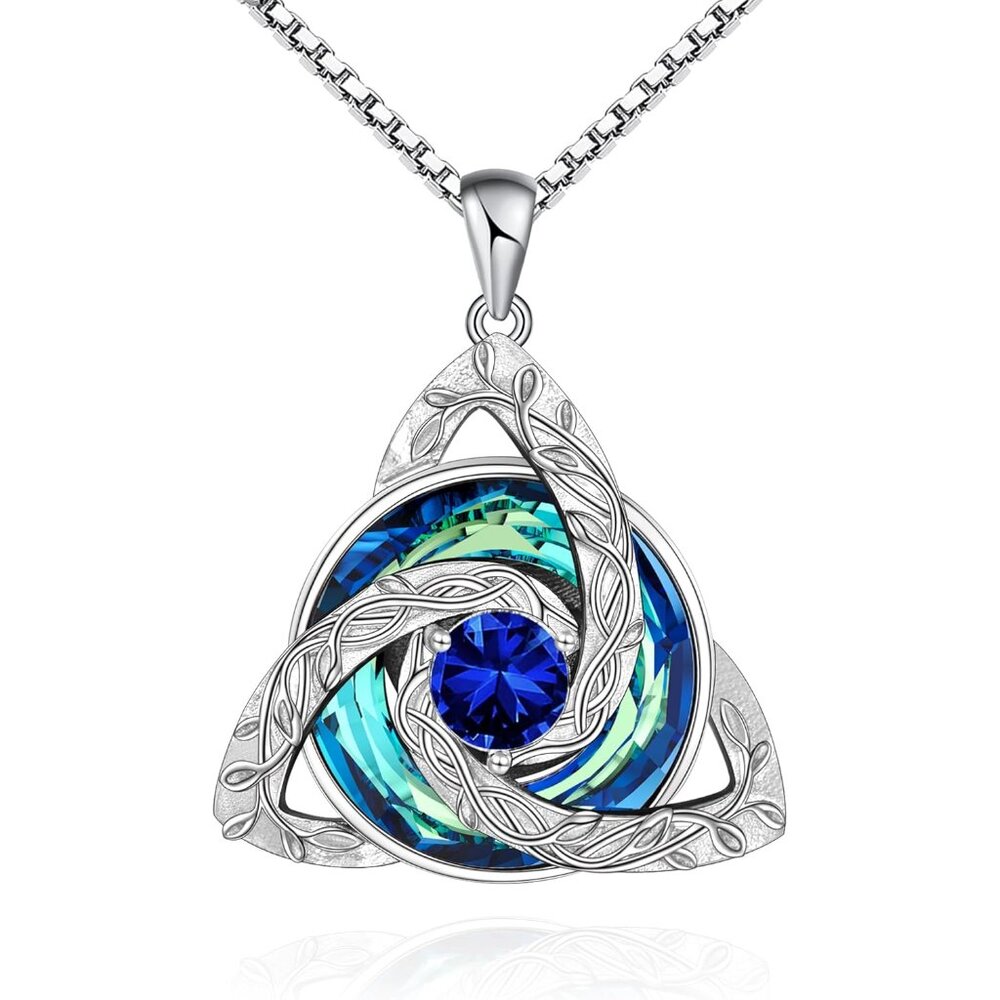 Celtic Birthstone Necklace for Women, S925 Sterling Silver Trinity Knot Triquetr
